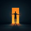 A silhouette of a person is centered in front of a bright rectangular orange light Royalty Free Stock Photo