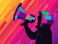 Silhouette of a person with colorful megaphone and hood in bright abstract background, representing communication and expression