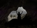 Silhouette of a person doing prayer, therapy and yoga at the entrance of the cave