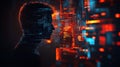 Silhouette of a person facing a digital display of complex code, showcasing vibrant colors and abstract shapes Royalty Free Stock Photo
