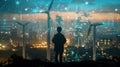 Silhouette of a Person Gazing at a Cityscape with Wind Turbines at Night. Futuristic Urban Environment. Clean Energy Royalty Free Stock Photo