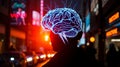 silhouette of person with glowing brain illustration, symbolizing creativity and intelligence in urban setting at night. vibrant Royalty Free Stock Photo