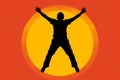 Silhouette of a person jumping with arms spread wide. Concept of lightness and youthfulness