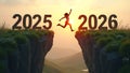 Silhouette of a Person Leaping from 2025 to 2026, Symbolizing New Beginnings and Progress on the Horizon Royalty Free Stock Photo