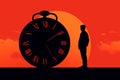 Silhouette of a person looking at big clocks, concept of time-saving