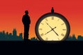 Silhouette of a person looking at big clocks, concept of time-saving