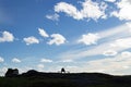 Silhouette person male thinking sitting bench on horizon landscape cloudy sky