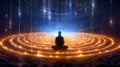 Silhouette of a person meditating inside a glowing circle of light. Spiritual practice. Generative AI