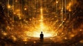 Silhouette of a person meditating in a sacred place filled with golden sparkles, observing magical light. Generative AI