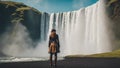 silhouette person in the mountains brave girl adventurous standing in front of the water wall of the mighty Skog waterfall