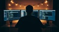 Silhouette of a Person Working on Multiple Computer Monitors Displaying Code in a Dark Room programmer Royalty Free Stock Photo