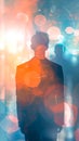 silhouette of a person set against a backdrop of radiant, multicolored bokeh lights, creating an abstract and