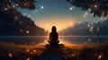 Silhouette of a person sitting near water in a magical landscape filled with golden light and sparkles. Meditation. Generative AI Royalty Free Stock Photo
