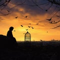 silhouette of a person sittingin a garden Royalty Free Stock Photo