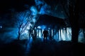 Silhouette of person standing in the dark forest with light. Horror halloween concept Royalty Free Stock Photo