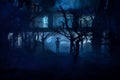 Silhouette of person standing in the dark forest with light. Horror halloween concept. strange silhouette in a dark spooky village Royalty Free Stock Photo