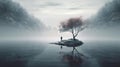 Silhouette of a person standing in stillness in the middle of a misty lake