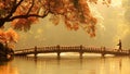 Silhouette of person walking on bridge, autumn trees in golden sunlight. Serene lake scene, reflection and tranquility Royalty Free Stock Photo