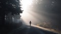 Silhouette Of A Person Walking On A Misty Forest Path At Sunrise. Solitude And Tranquility In Nature Royalty Free Stock Photo
