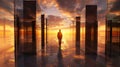 Silhouette of a person walking towards the sunset reflected in mirrors.