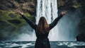 silhouette person water Horror brave girl who is desperately standing with her arms raised in front of the water wall of waterfall