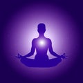 Silhouette of Person in yoga lotus asana on dark blue purple starry background with light