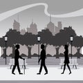 Silhouette persons walk city park lamp postlight trees