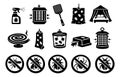Silhouette pest control tools set featuring sprays, traps, zappers, and warning signs for insect management Royalty Free Stock Photo