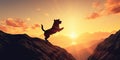 Silhouette Pet, Dog jumps on peak cliff with sunset background. Pet shop new year concept