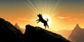 Silhouette Pet, Dog jumps on peak cliff with sunset background. Pet shop new year concept