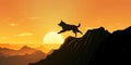 Silhouette Pet, Dog jumps on peak cliff with sunset background. Pet shop new year concept