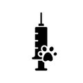 Silhouette pet vaccination icon. Outline animal chipping logo. Black illustration of microchip implantation with syringe,