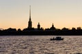 Silhouette of the Peter and Paul Fortress in Petersburg, Russia against the sunset sky. Royalty Free Stock Photo