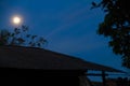 silhouette photo of the roof of a house with leaves from the surrounding trees. Royalty Free Stock Photo