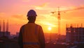 Silhouette photograph of a technician facing away from the camera on an active construction site in sunset Royalty Free Stock Photo