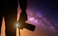 Silhouette photographer with camera and milky way. Royalty Free Stock Photo