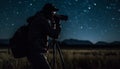 Silhouette of photographer capturing nature night landscape with SLR camera generated by AI Royalty Free Stock Photo