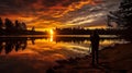 Silhouette of photographer on reflective lake at sunset