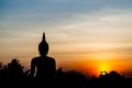 Silhouette photography of Buddha image monument in sunset sky