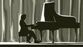 Silhouette pianist in concert hall in spotlight.