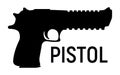 Silhouette pistol icon, self defense weapon, concept simple black vector illustration, isolated on white. Shooting powerful