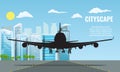 Silhouette of Plane landing or taking off over modern cityscape. Flat and solid color travel concept background vector. Royalty Free Stock Photo