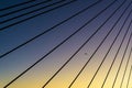 Silhouette of plane viewed through ANZAC bridge steel cables