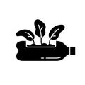 Silhouette Plastic bottle as plant pot. Outline icon of growing home seedlings. Flower in horizontal PET container. Black