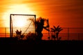 Silhouette player holding a Sunset Lacrosse Sticks, net for the game under an orange sunlight