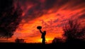 Silhouette plays ball under a sunset sky outdoors generated by AI