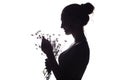 Silhouette pof a beautiful girl with a bouquet of dry dandelions, the face profile of a dreamy young woman on a white isolated Royalty Free Stock Photo