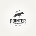 silhouette pointer dog hunting badge logo template vector illustration design. duck above pointer dog hunting equipment emblem Royalty Free Stock Photo