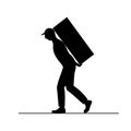 silhouette porter man . Worker is carrying large box behind his back. Cartoon loader man.