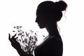 Silhouette of girl with a bouquet of with dandelions, young woman face on a white isolated background Royalty Free Stock Photo